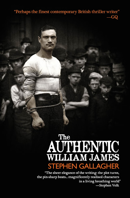 Paperback cover for The Authentic William James. A period photograph of a street escapologist from the late nineteenth century, surrounded by his audience of scowling street children and youths.