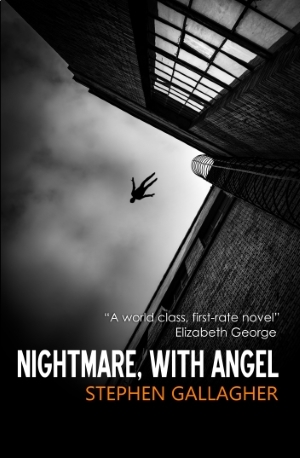 Paperback cover for Nightmare, with Angel, an angle up a building showing an isolated figure falling against the sky. No, that doesn't actually happen in the book