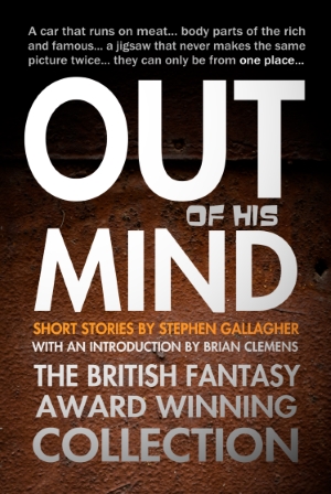 Paperback cover for short story colection Out of His Mind, large type over a textured background
