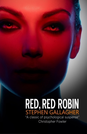 Paperback cover for Red, Red Robin, closeup detail of a woman's face flooded with a deep red light