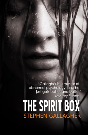 Paperback cover for The Spirit Box, closeup of a drenched young woman with downcast eyes
