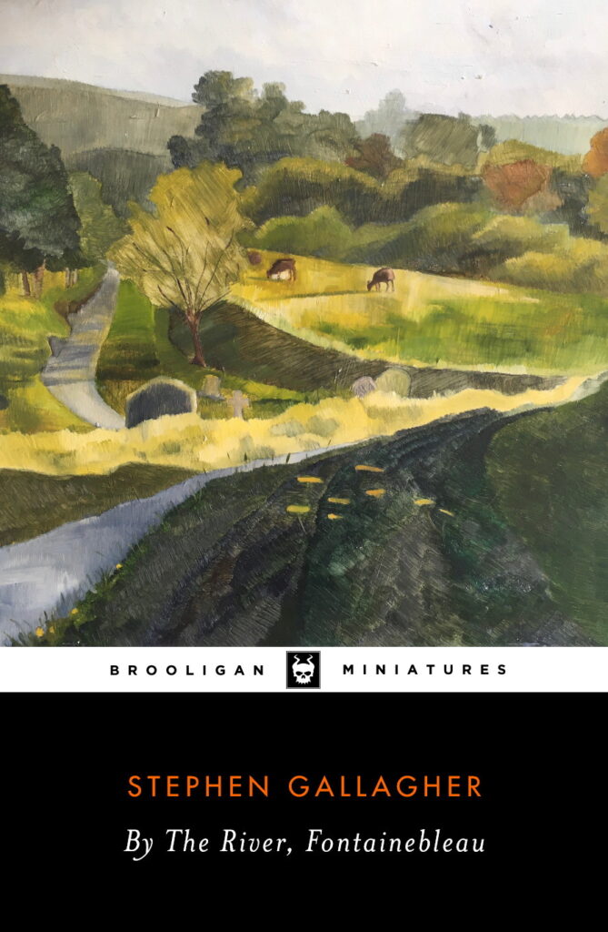 Cover for the chapbook By the River, Fontainebleau, featuring a rural landscape in the style of a Penguin Classic
