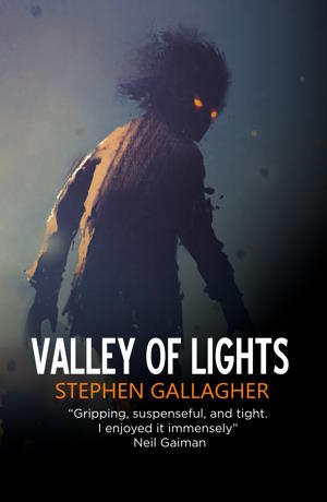 Valley of Lights paperback cover, a stalking creature with fiery eyes looking back over its shoulder at us
